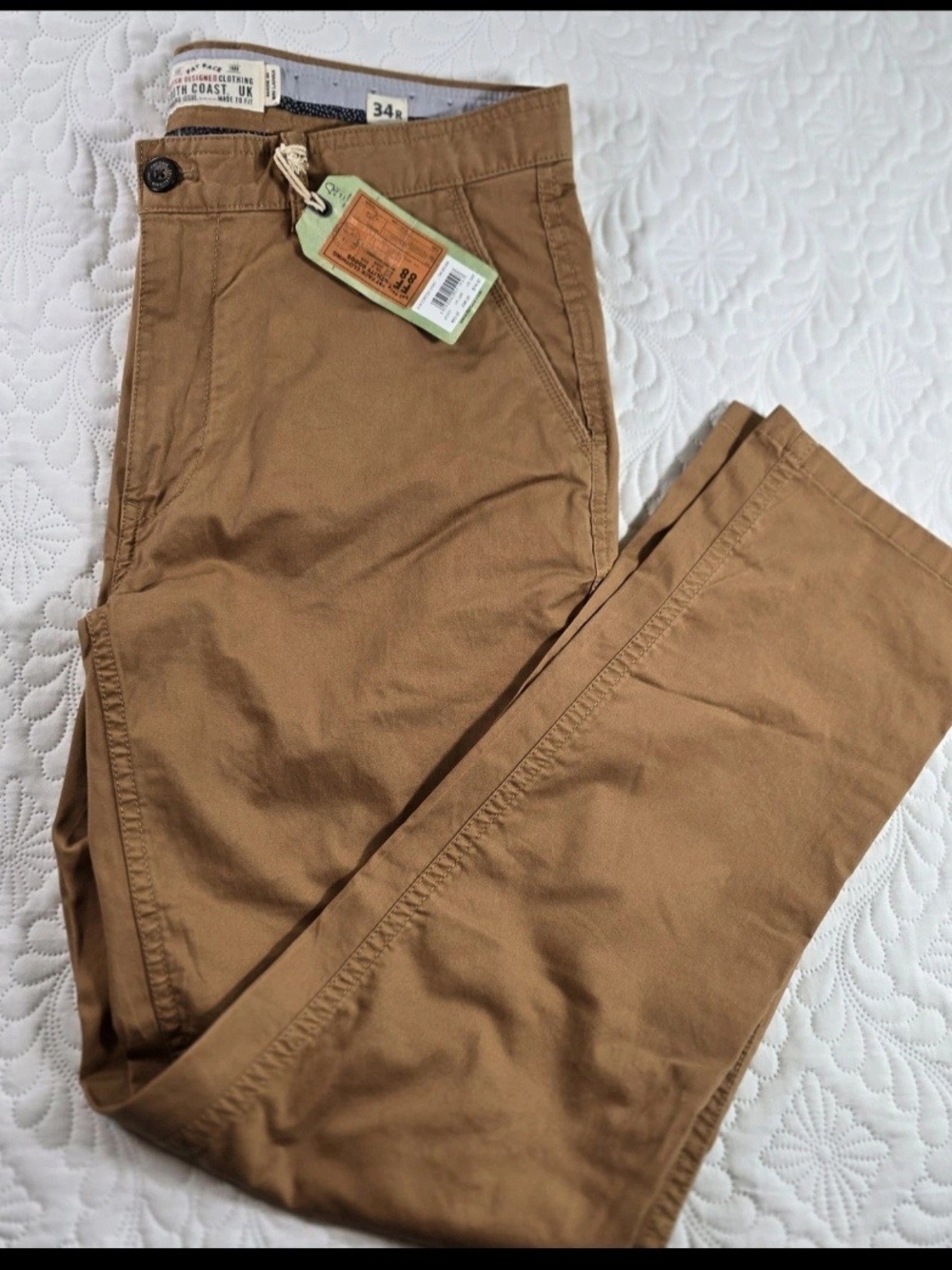 NWT Fat Face Men's Slim Stretch Chino Pants Brown Khaki Size 34R